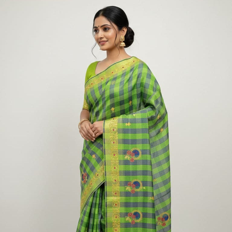 Tissue Silk Saree - Parrot Green